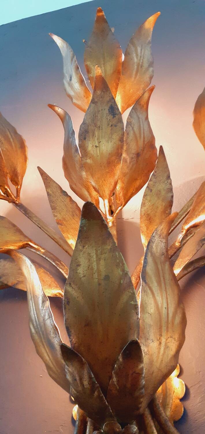 Monumental Vintage Wall Lamp with Golden Leaf Decor by Hans Kögl, 1960s