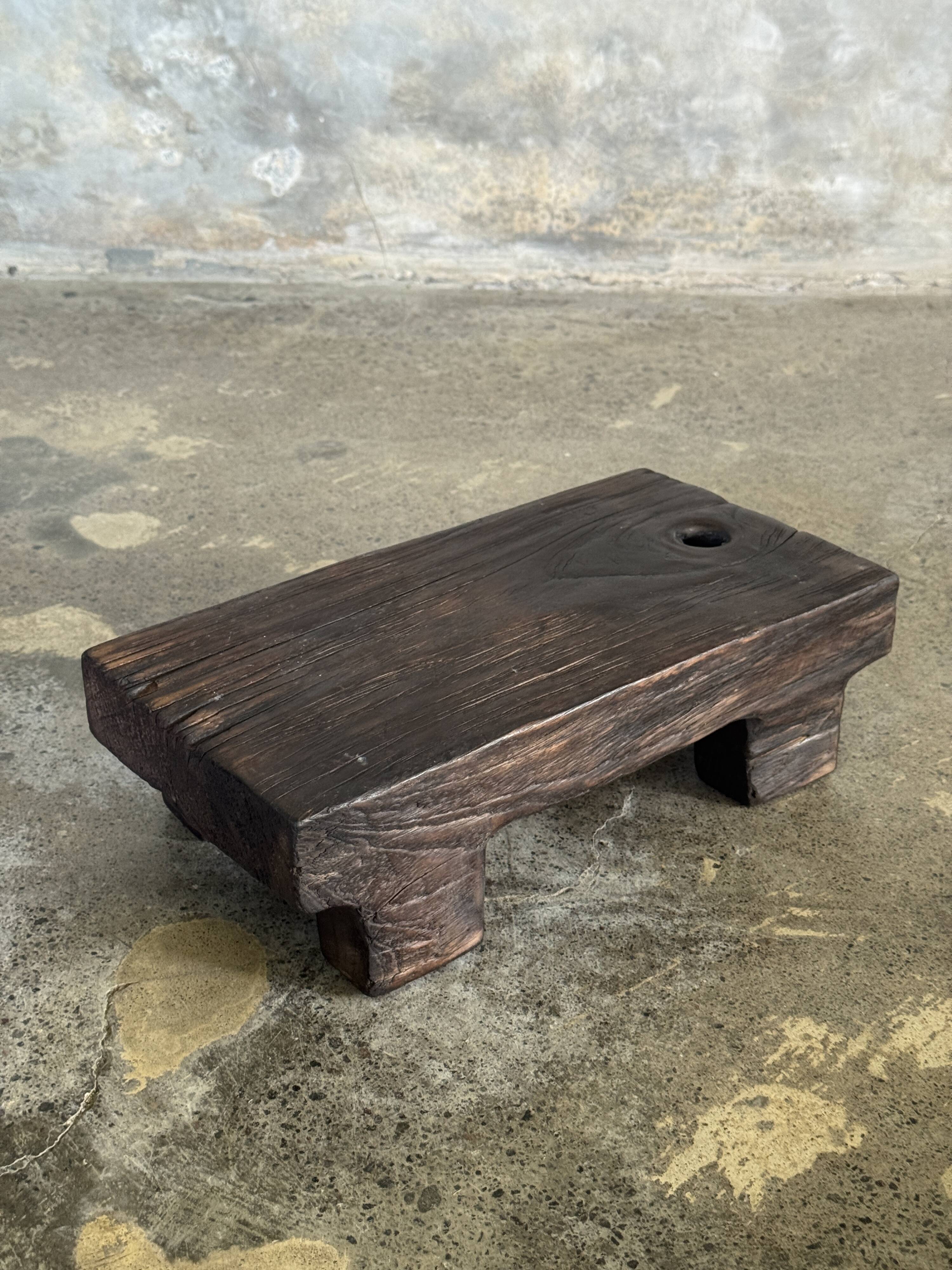 Small stool, black solid teak accent stool wabi-sabi L30 W8.5 H6.