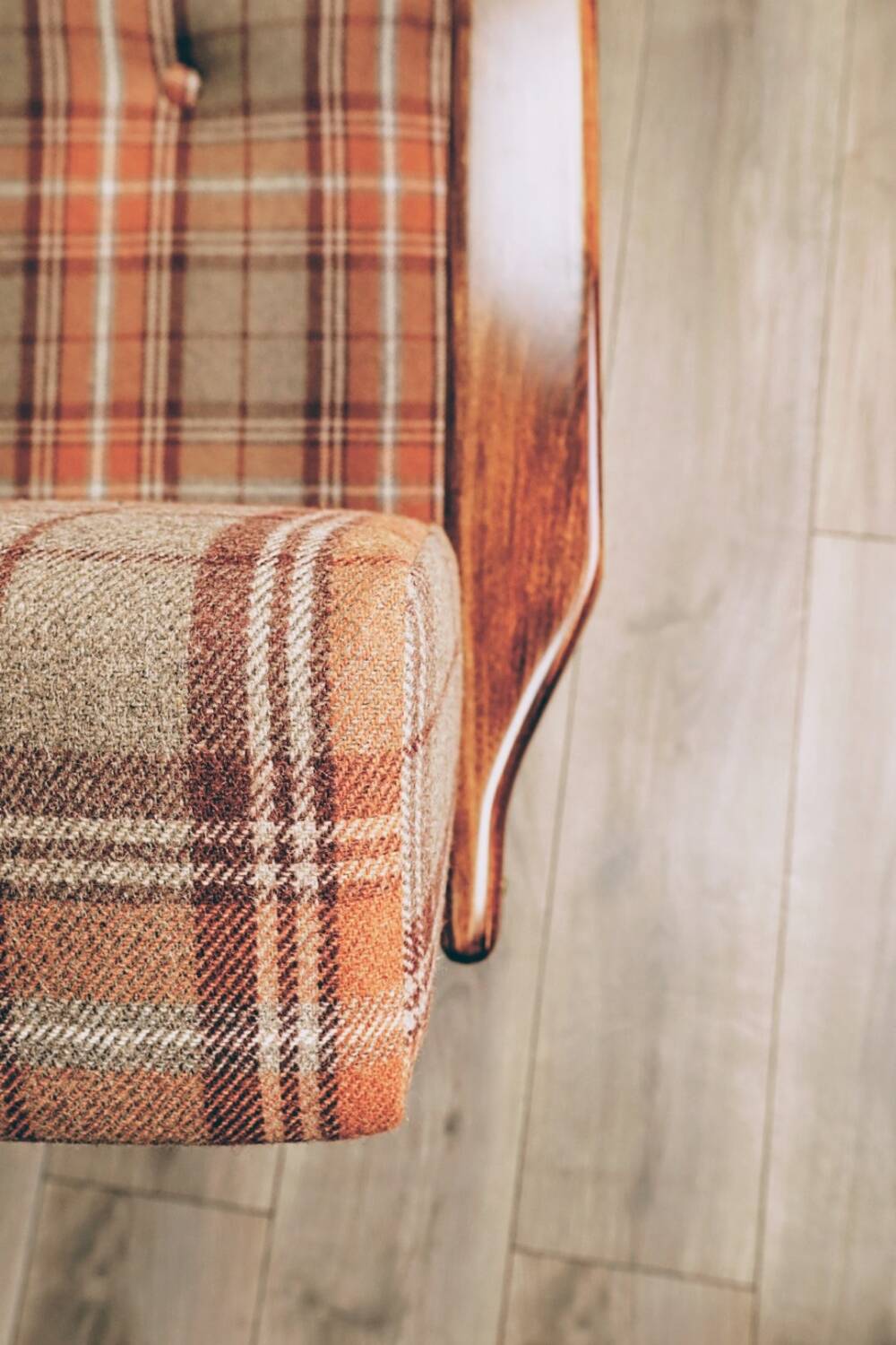 Scandinavian armchair in natural wool, orange, checked, 1965, Z. Baczyk