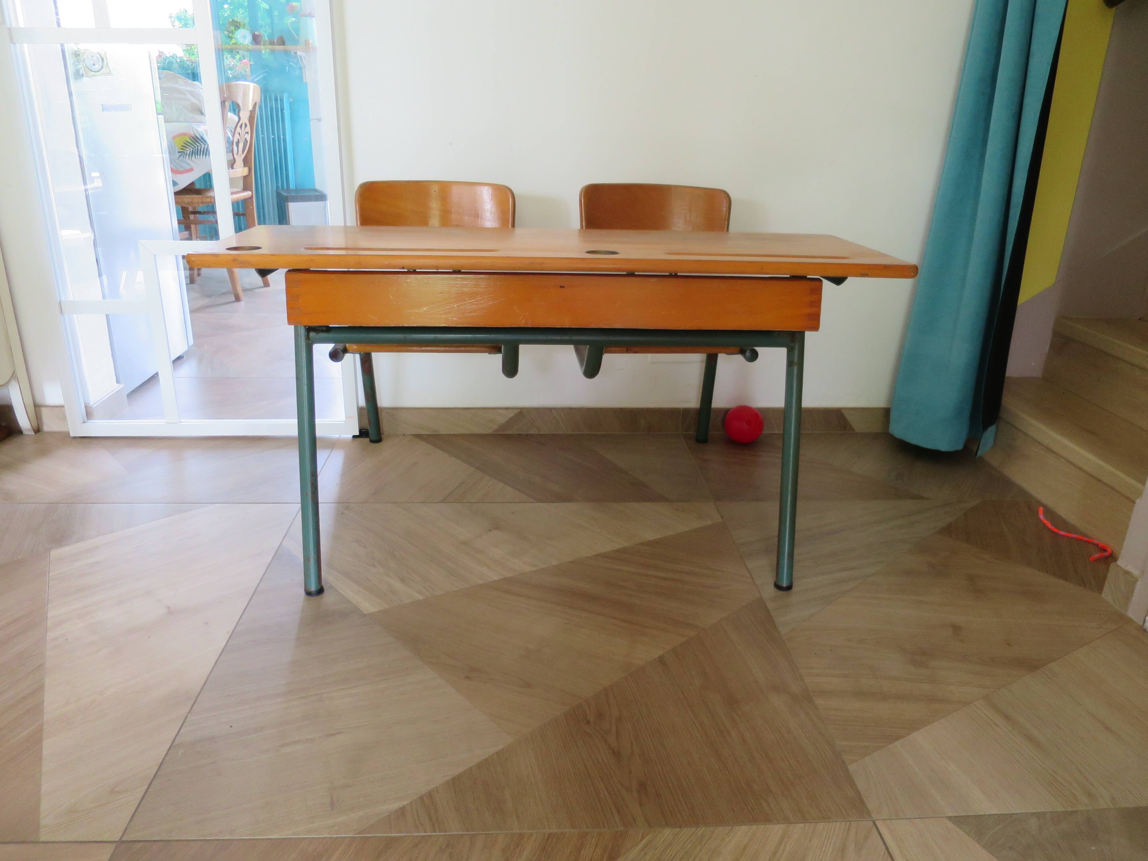 Bureau d’écolier vintage en bois et métal - Bureau double