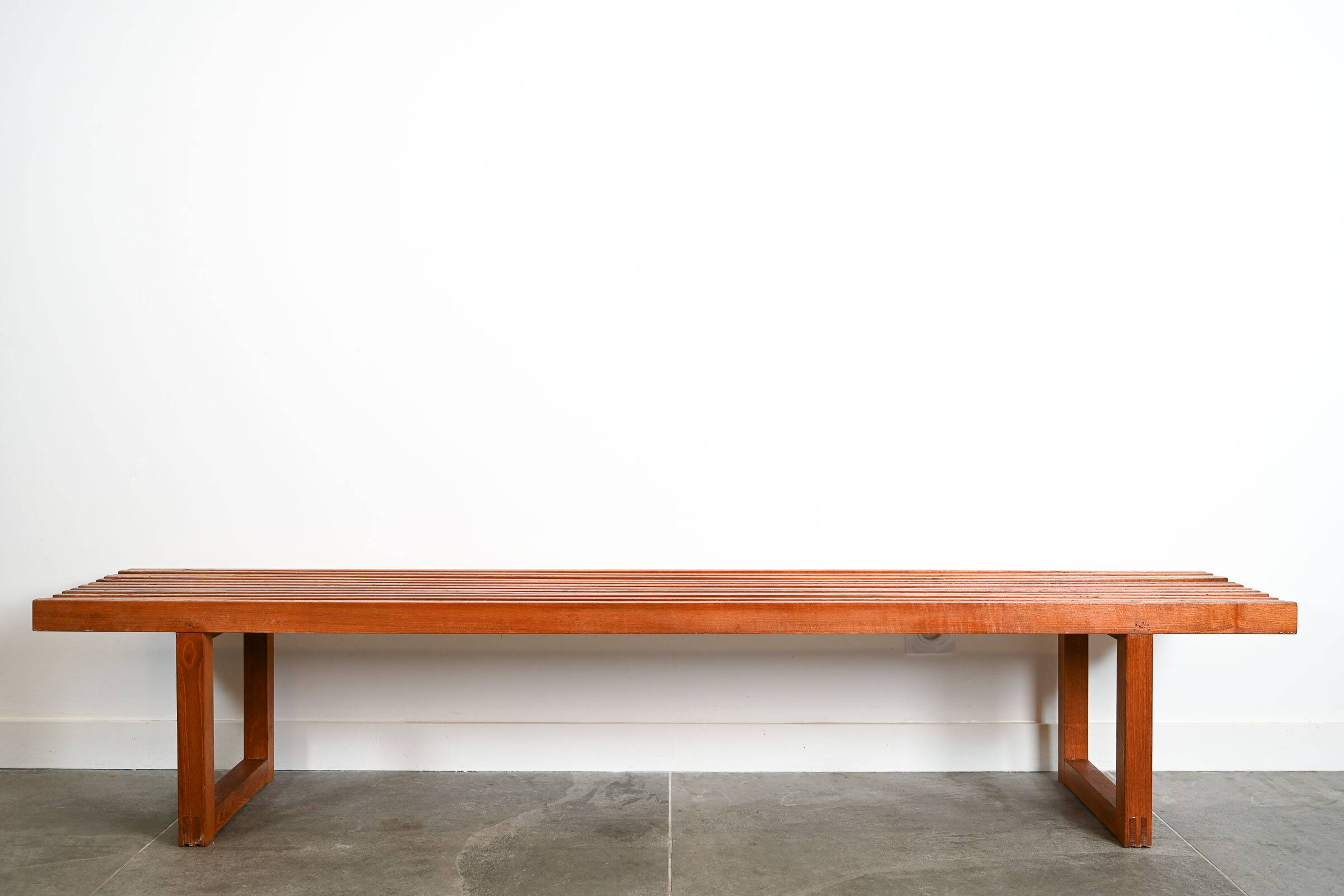 Teak bench with black leatherette seat cushion Origin Denmark years