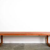 Teak bench with black leatherette seat cushion Origin Denmark years
