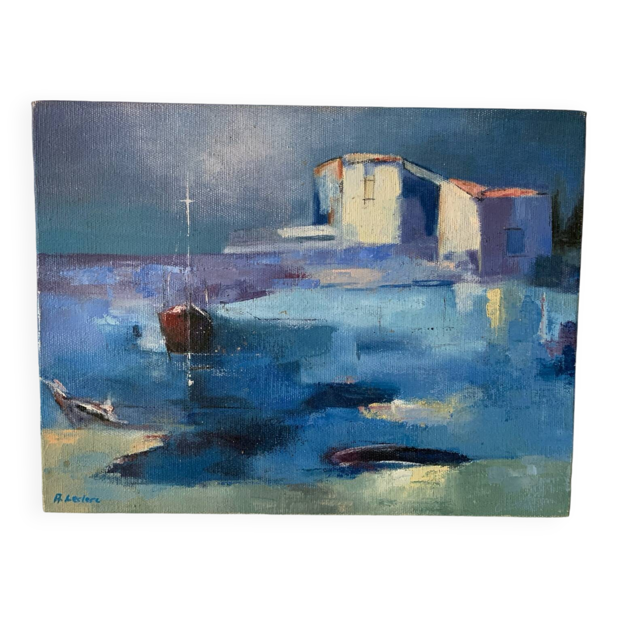 Small oil painting on canvas in blue tones