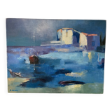 Petit tableau huile sur toile tons bleus
