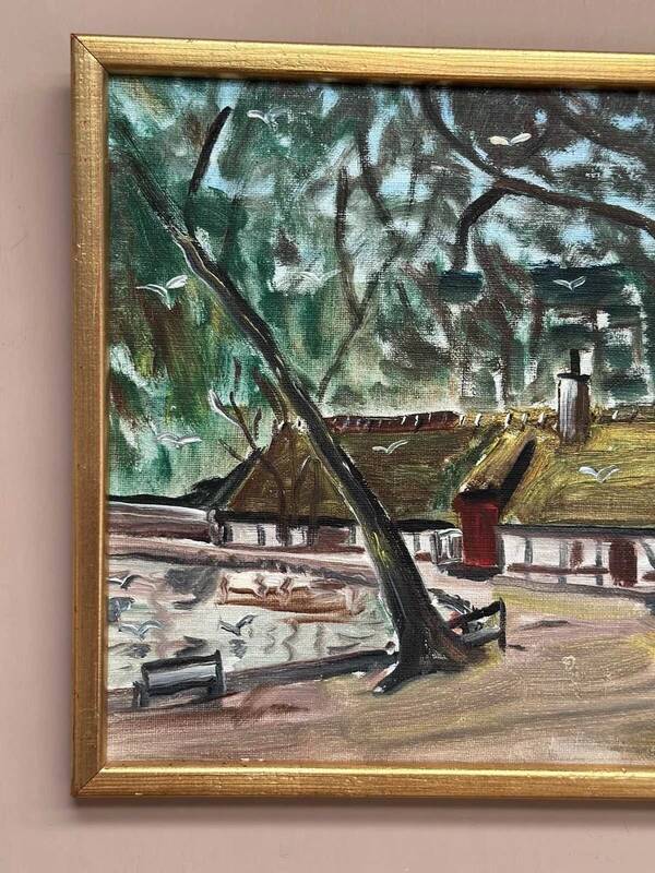 Original Swedish oil on canvas “Secret Huts” by Ake Berg, signed, vintage & framed 41x33cm
