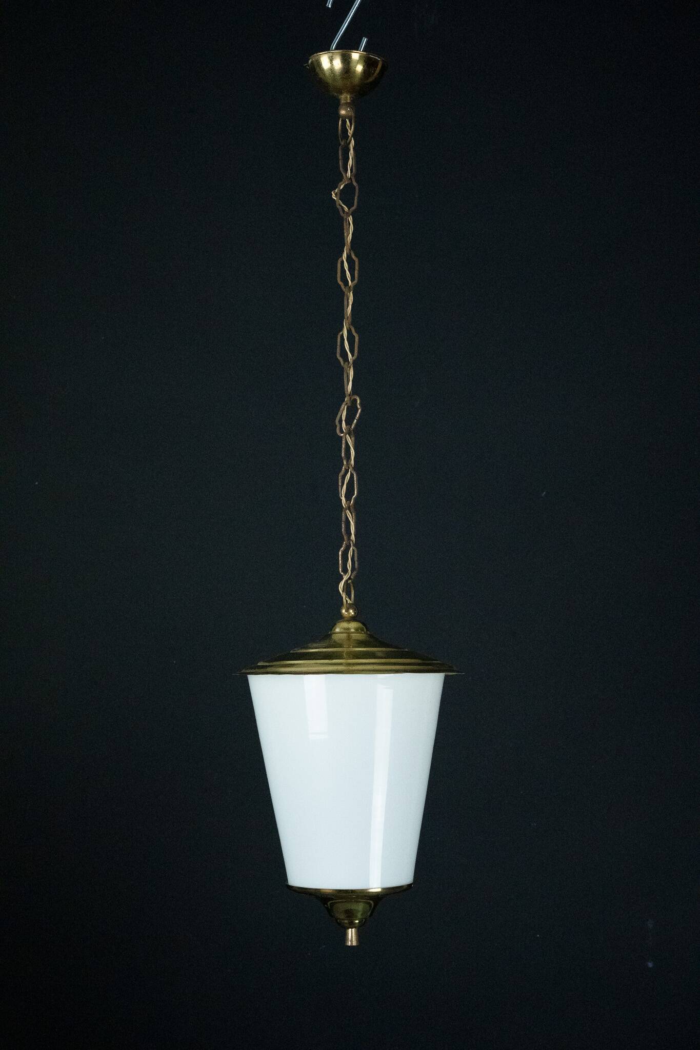 Mid-Century pendant lantern in brass and lattimo Murano glass, Italy, 1950s
