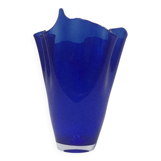 Murano - Vase mouchoir en verre bleu cobalt 25 cm de haut