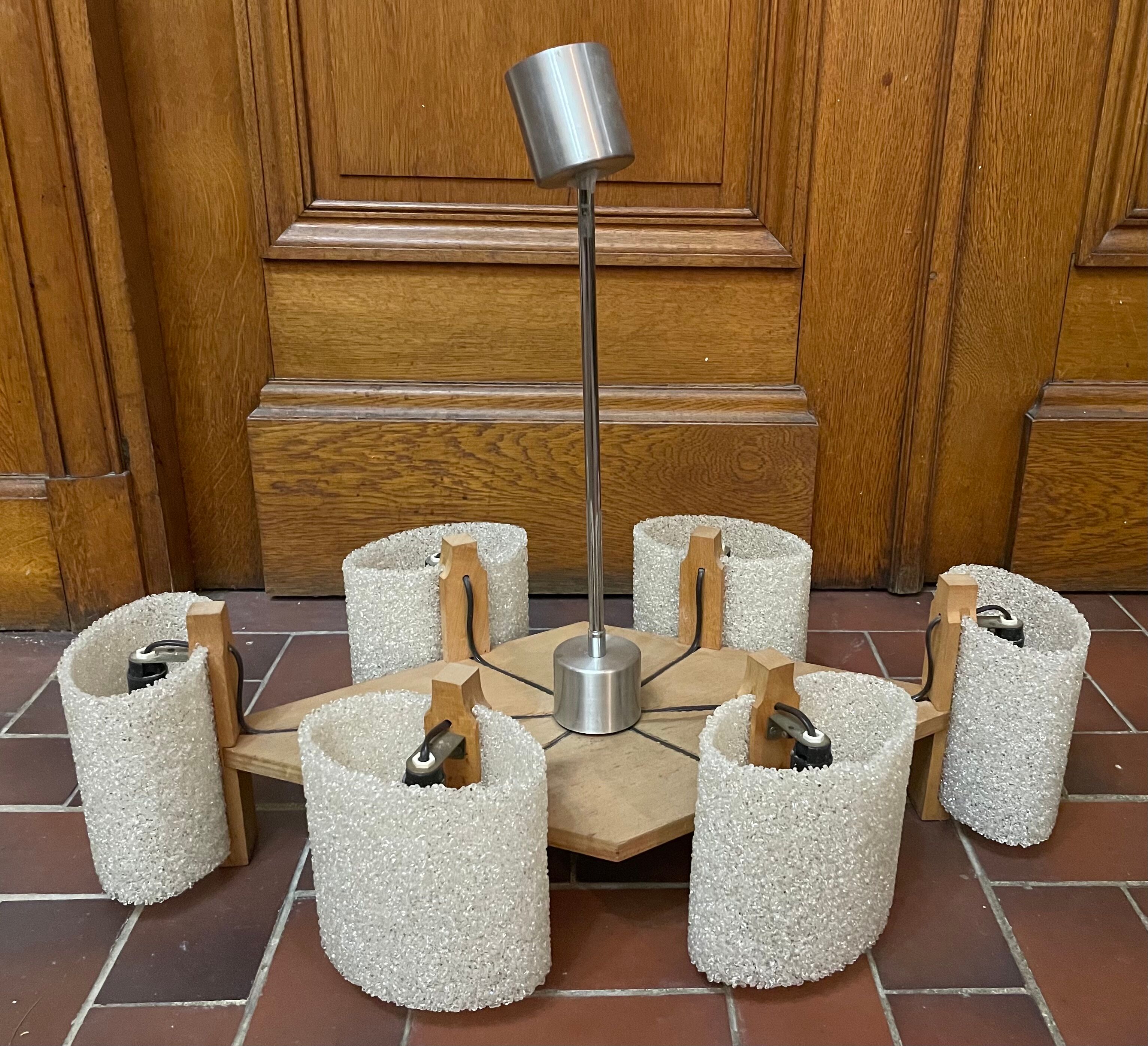 Scandinavian chandelier in wood and perspex