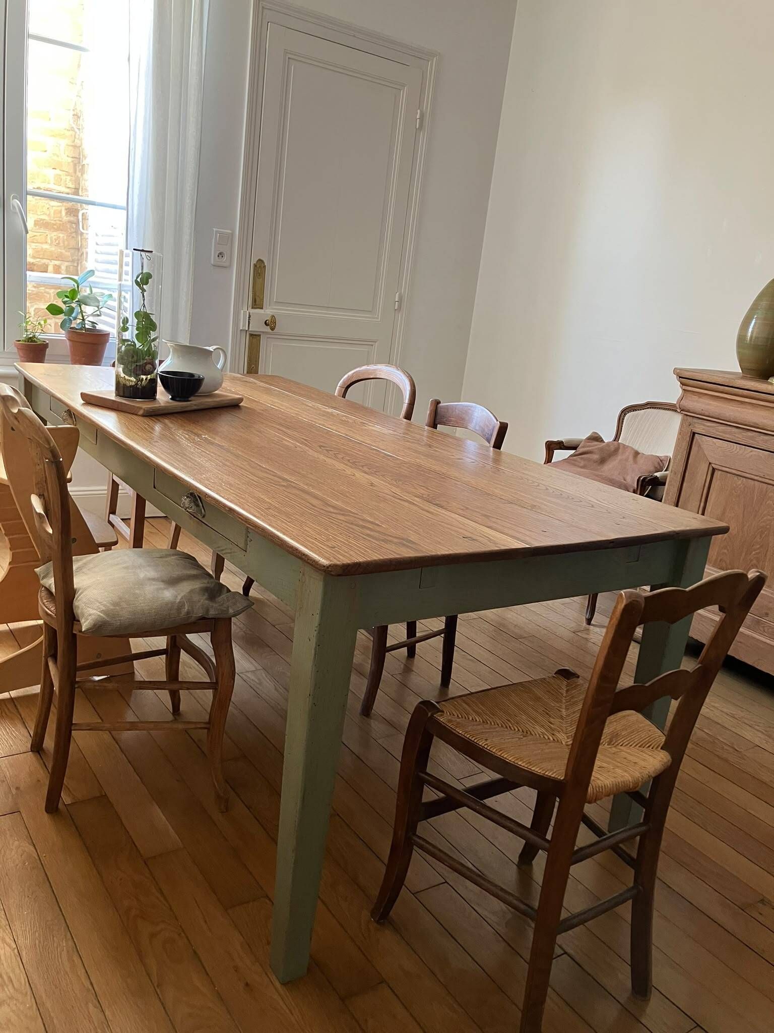 Solid oak farmhouse table "raw" 247x89, "chocolate oak" top