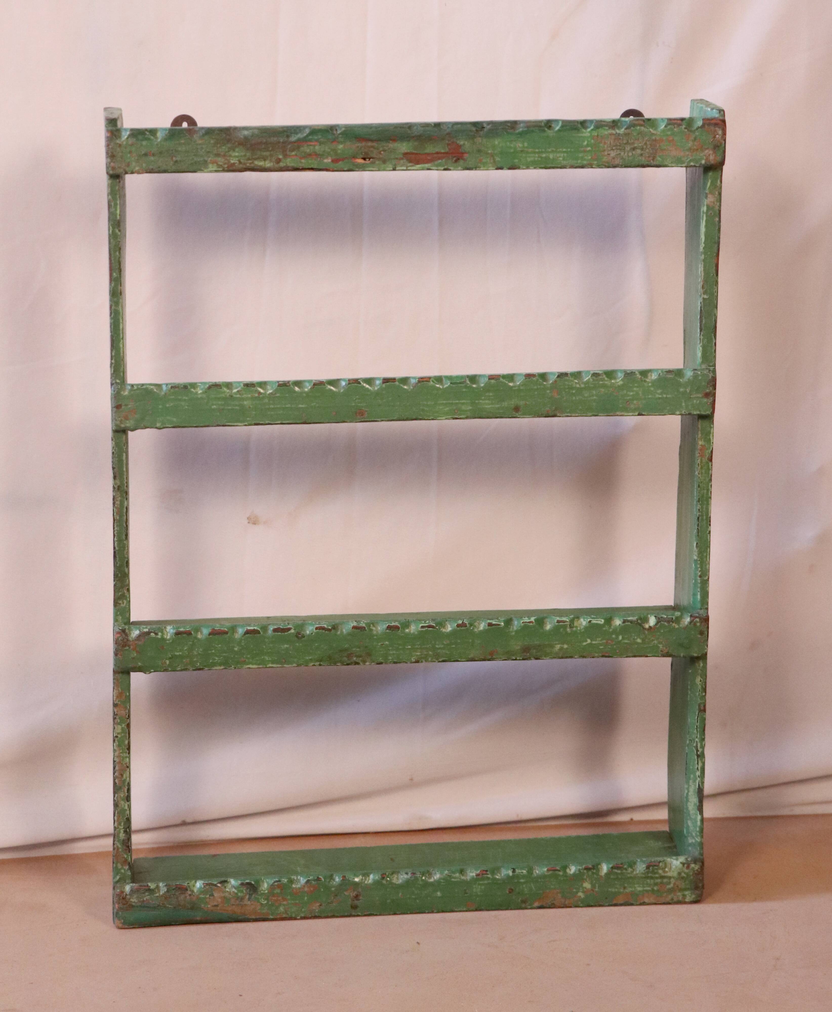 Old original Burmese teak wall shelf with green patina