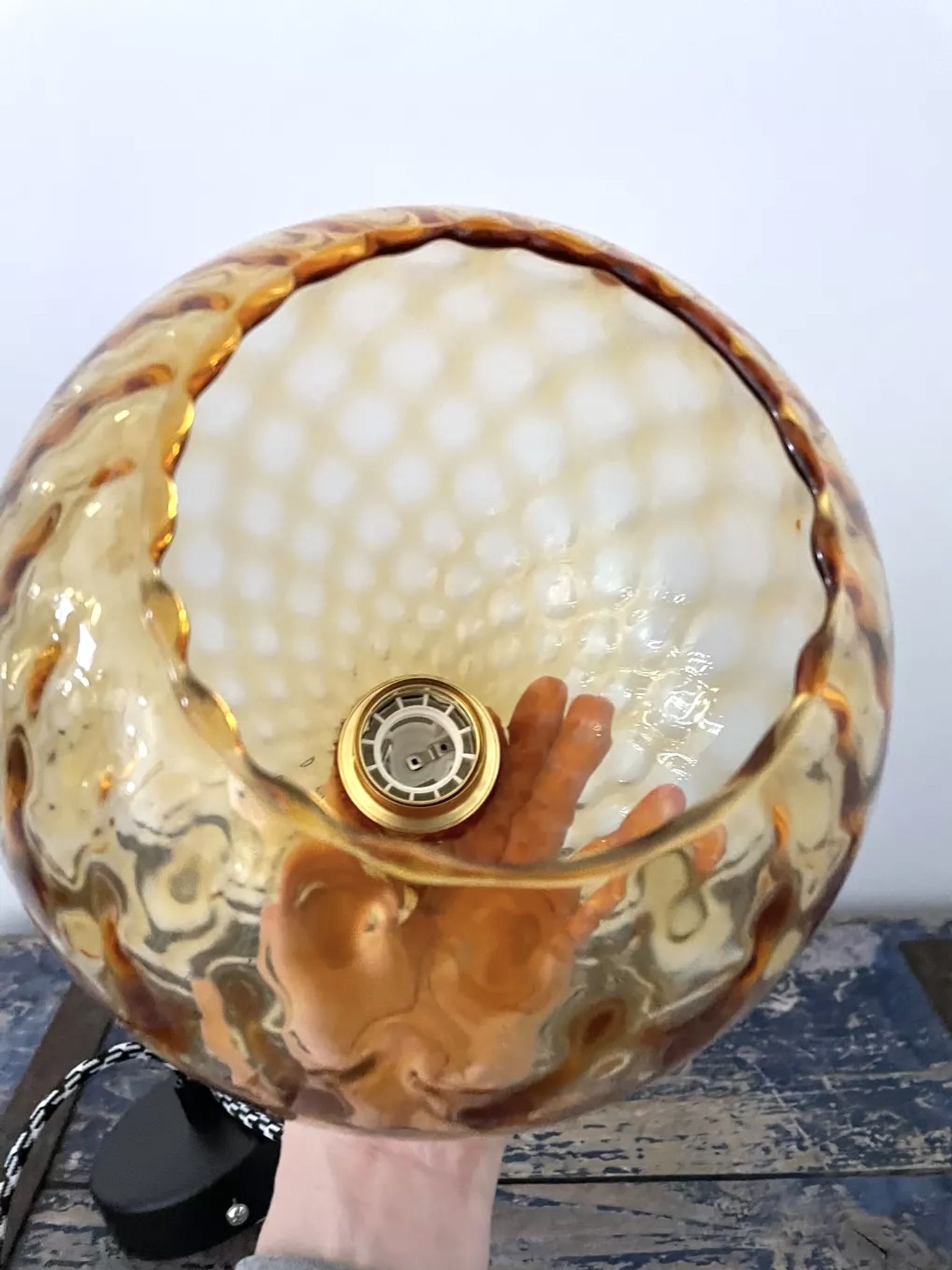 Set of two vintage amber glass pendant lamps electrified to nine