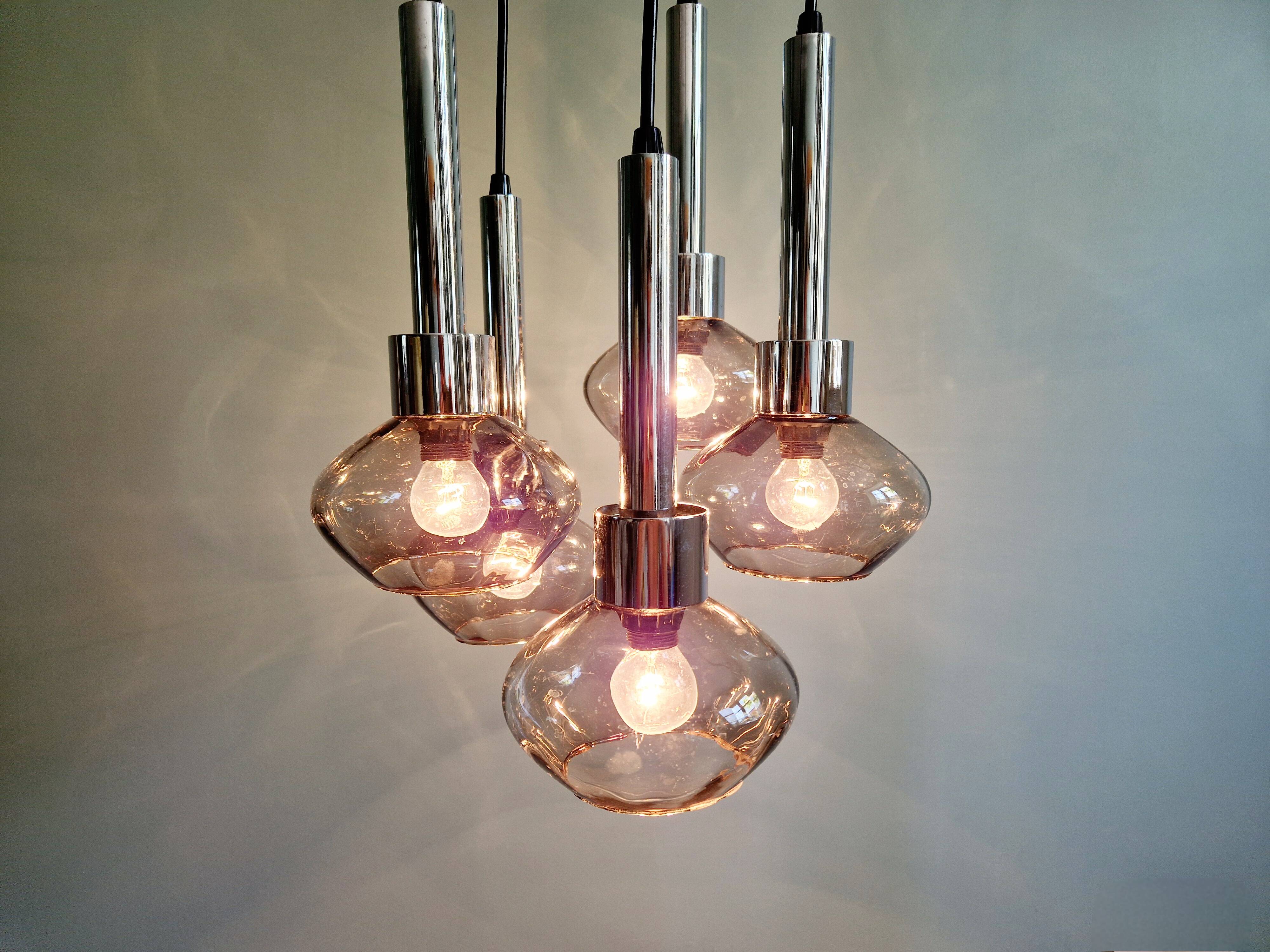 Cascade chandelier in chrome metal and smoked glass, 1970s