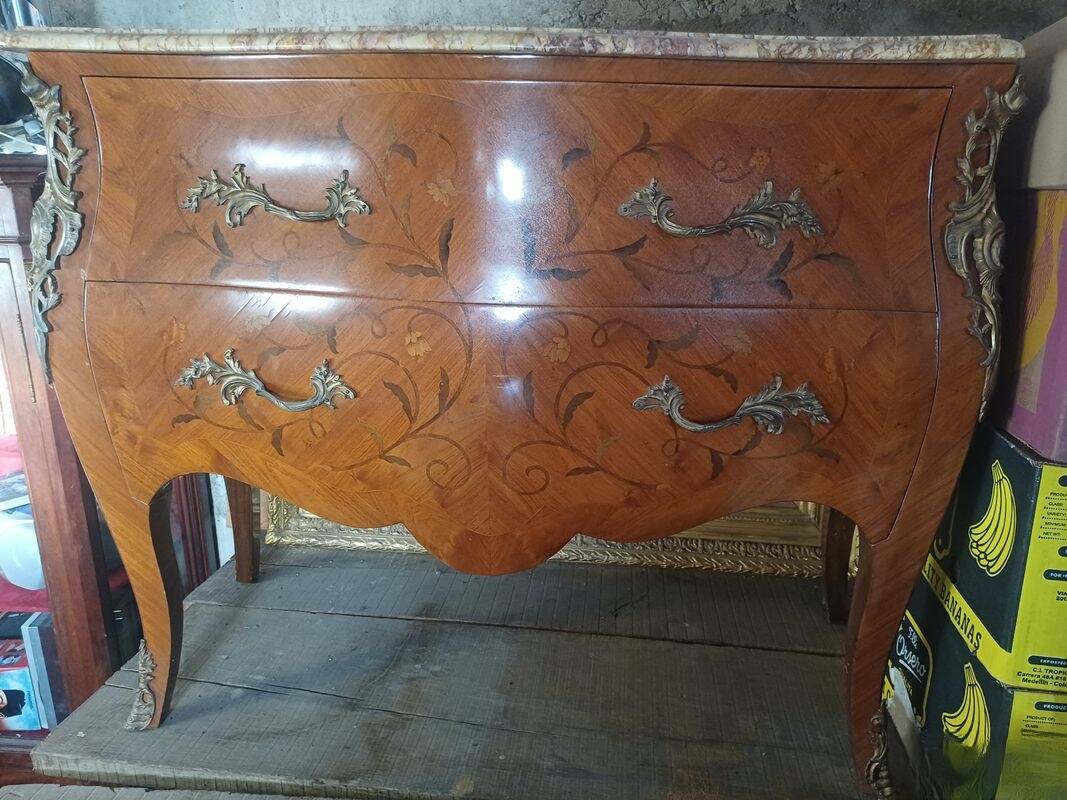 Louis XV style commode with marquetry and marble.