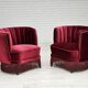 Fauteuil danois des années 1970, état d'origine, tissu velours rouge cerise.
