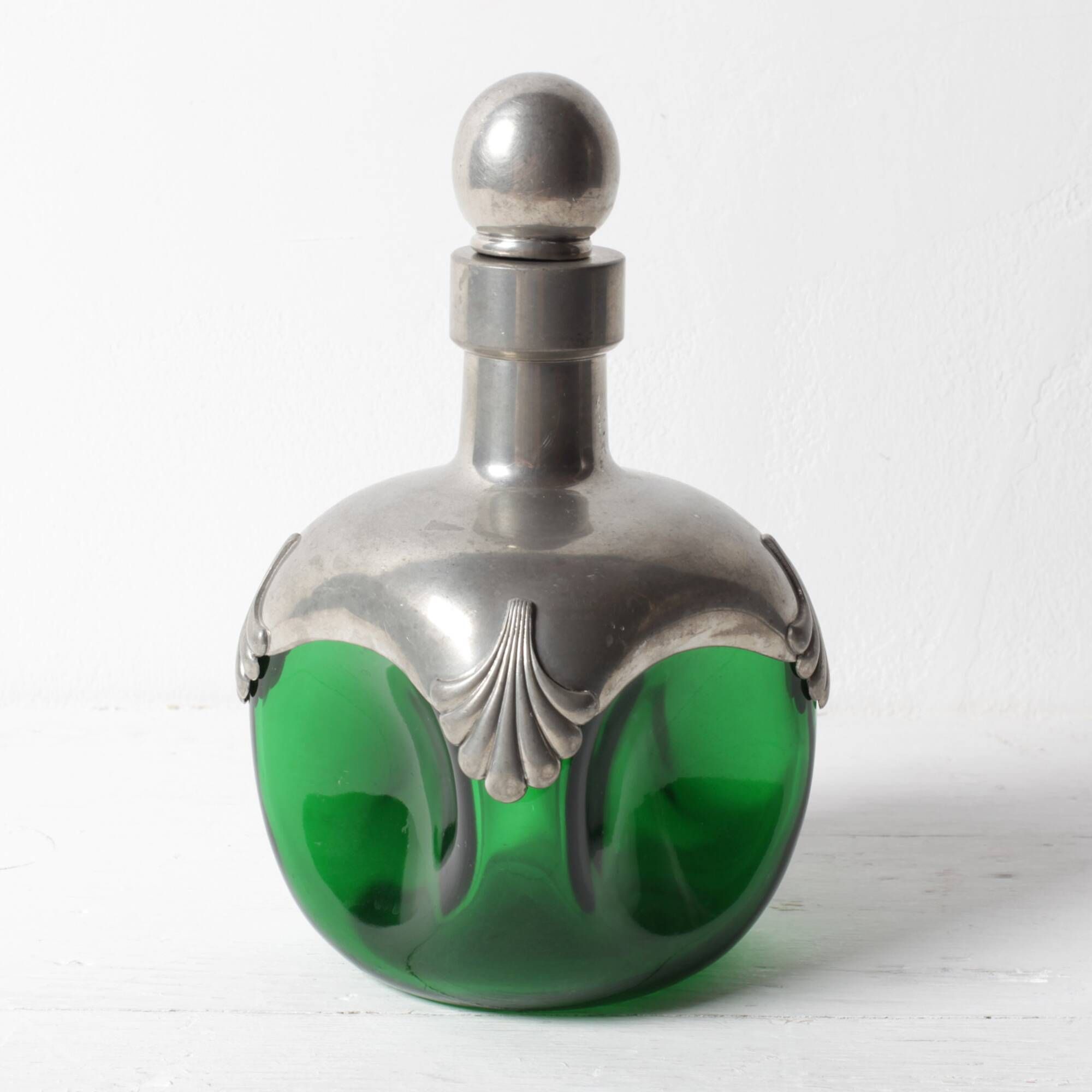 Art Nouveau Green Glass Decanter with Pewter Elements / France / 1960s