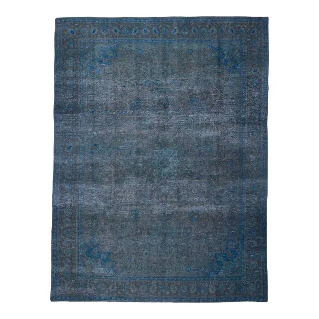1970s Vintage Persian Handmade Wool Cotton Blue Area Rug 277x360