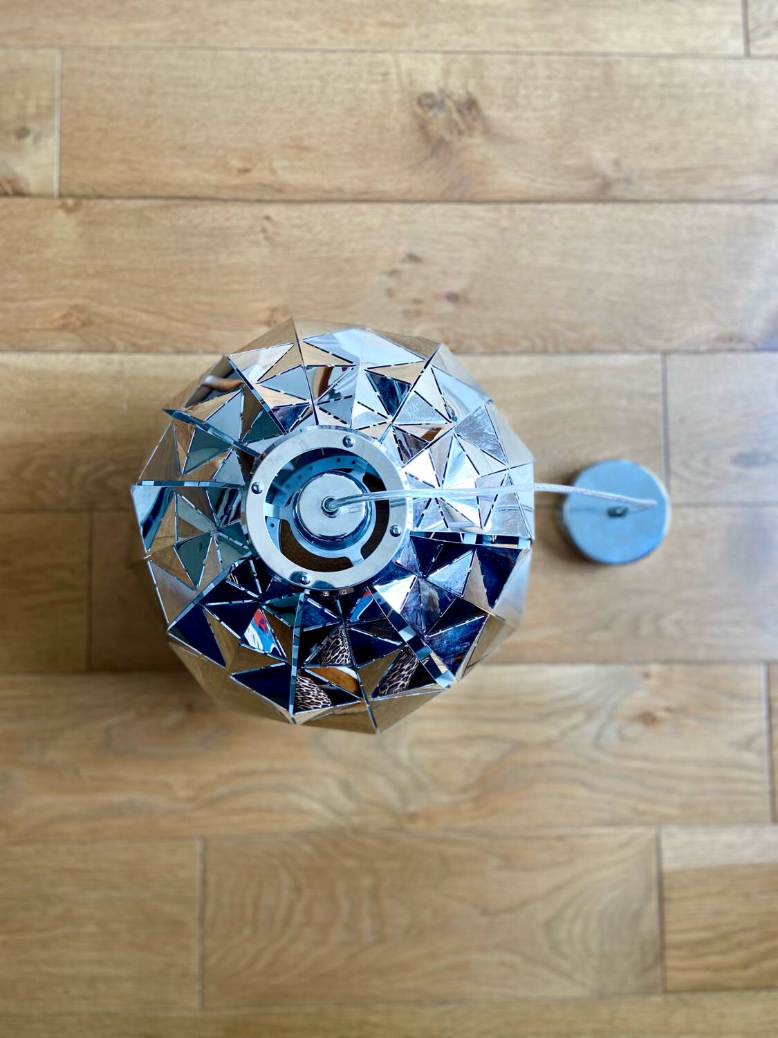 Silver-plated metal faceted ball pendant light - circa 1980