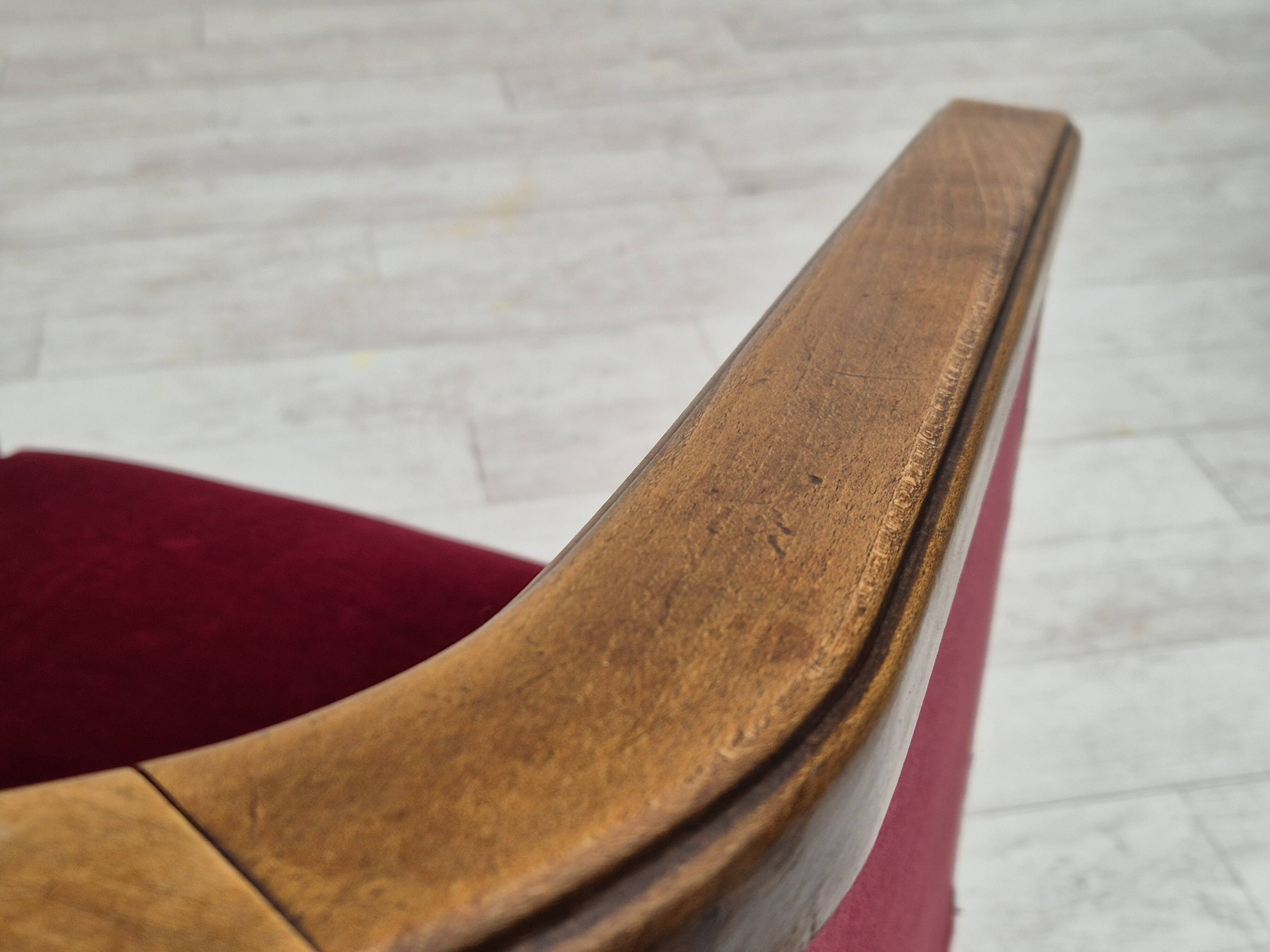 1950s, Danish armchair, original condition, furniture velour, beech wood.