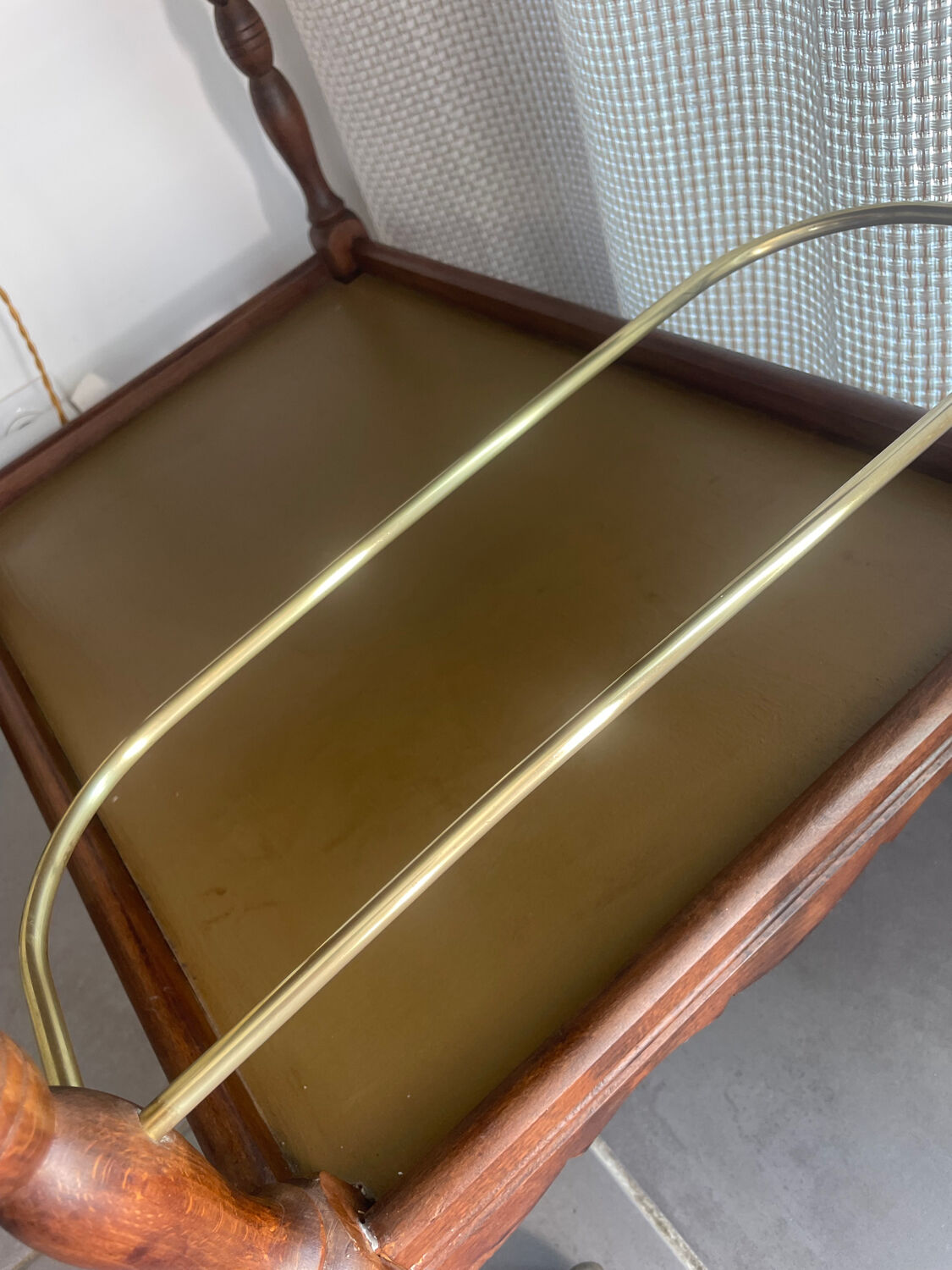 Vintage wooden and gilded brass rolling dessert trolley