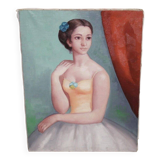 Tableau Huile Ancien Portrait Jeune Femme 20ème Siècle
