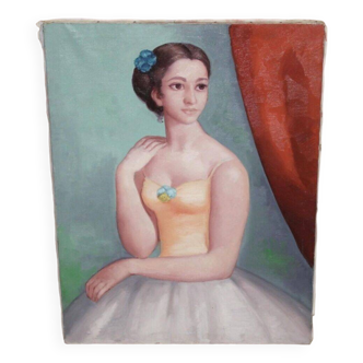 Tableau Huile Ancien Portrait Jeune Femme 20ème Siècle