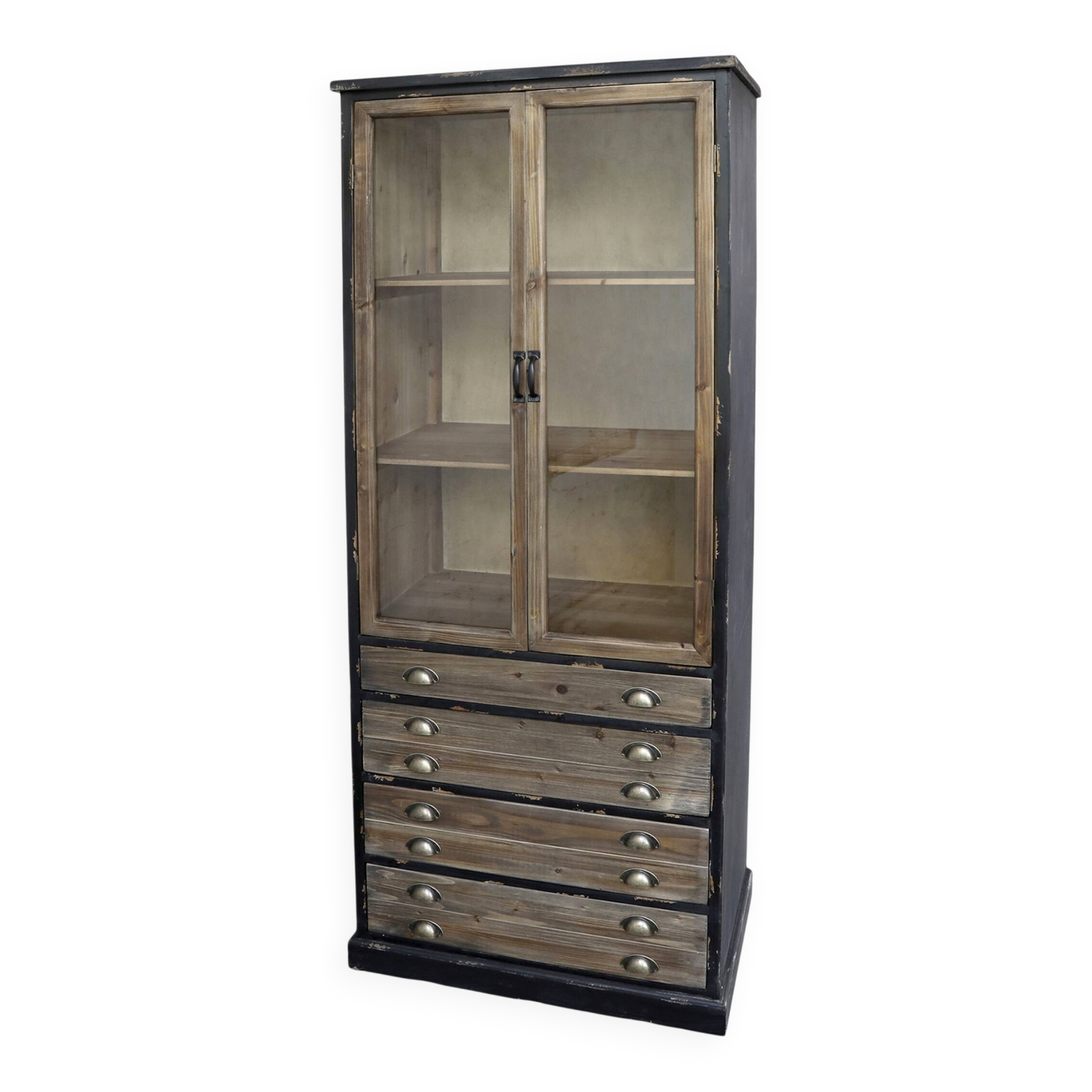 Display cabinet – Vintage sideboard with wooden drawers and glass doors