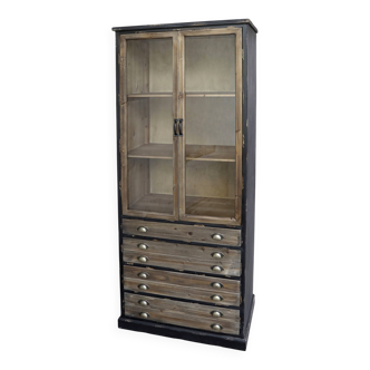 Display cabinet – Vintage sideboard with wooden drawers and glass doors