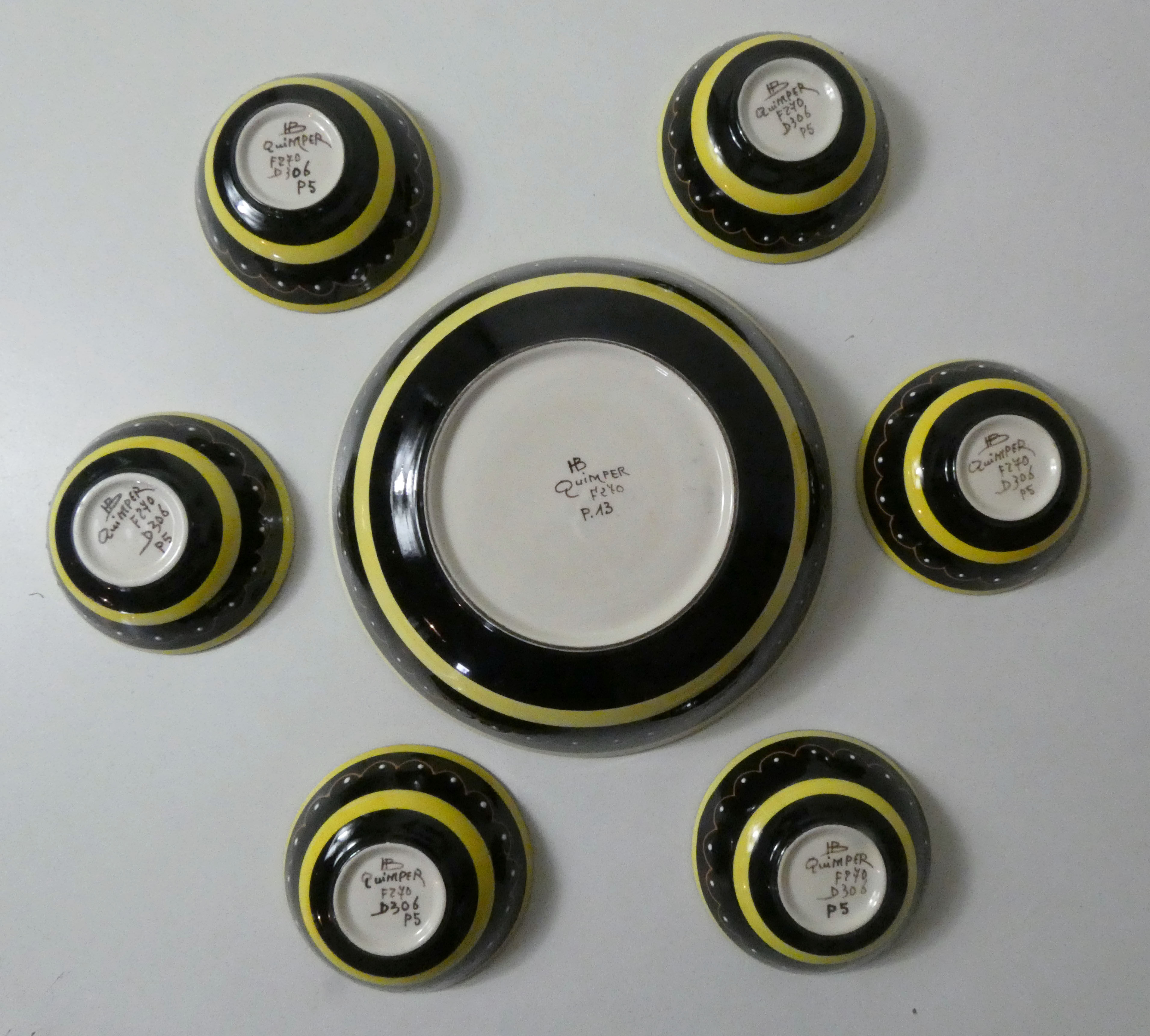 Henriot Quimper coupelles et saladier perlé noir jaune