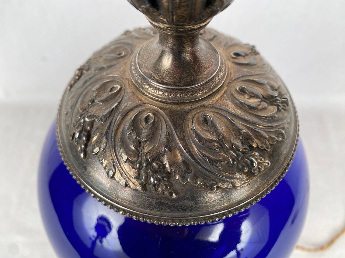 Risler and Carré. Large lamp in blue glass and silver frame, Minerve hallmark