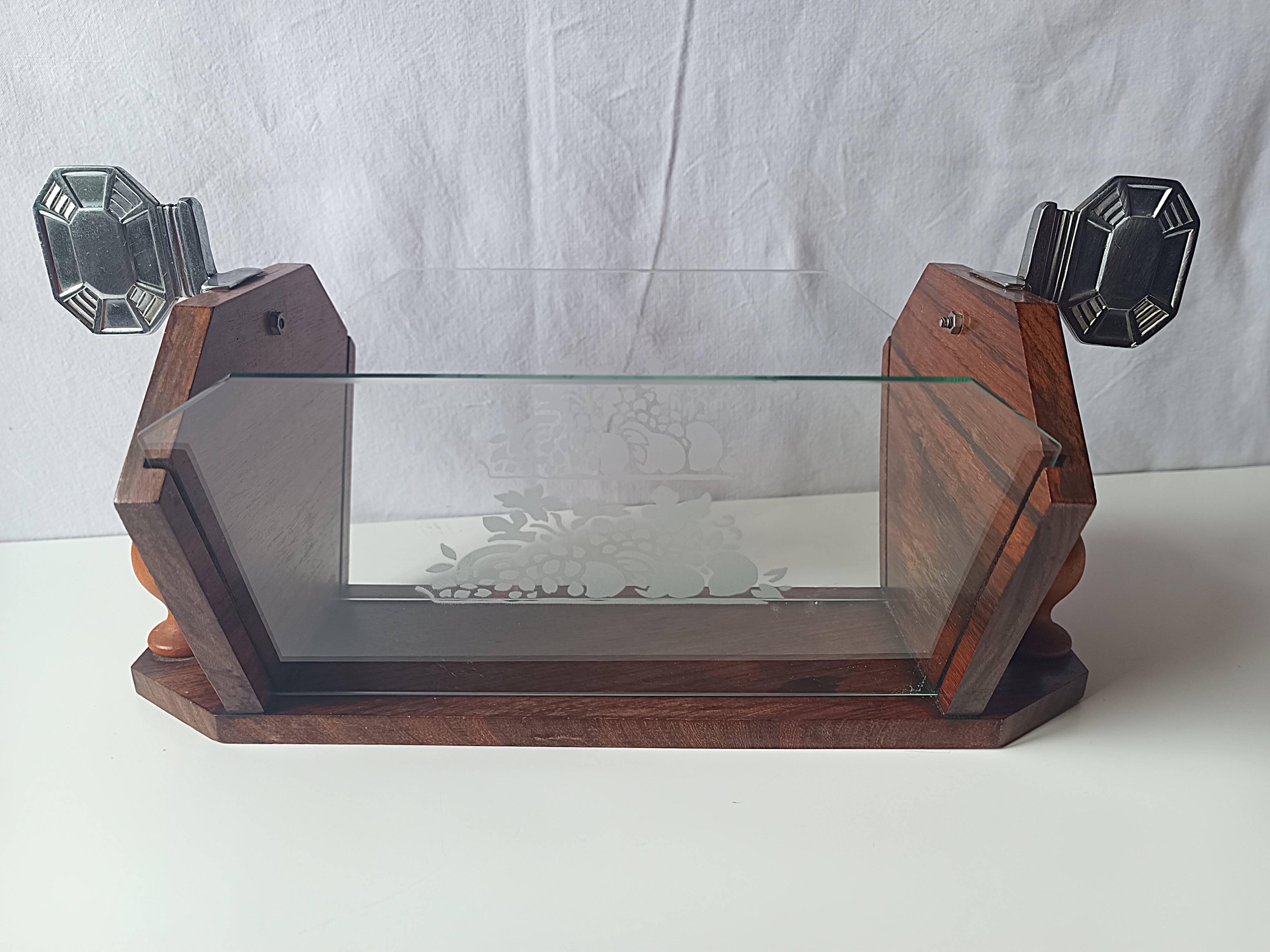 Vintage Art Deco magazine rack wood glass engraved storage furniture