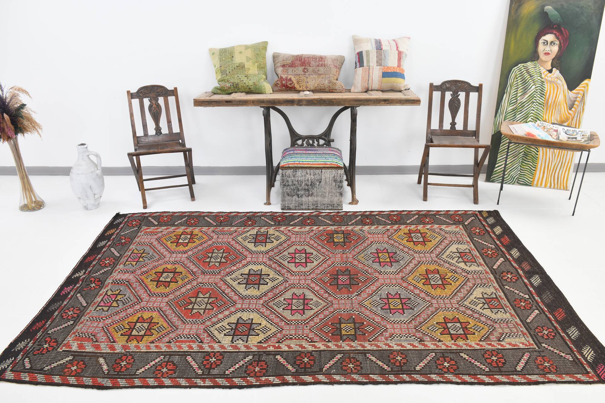 5x9 Brown Pink Antique Vintage Kilim Rug 166x78Cm SK 2402
