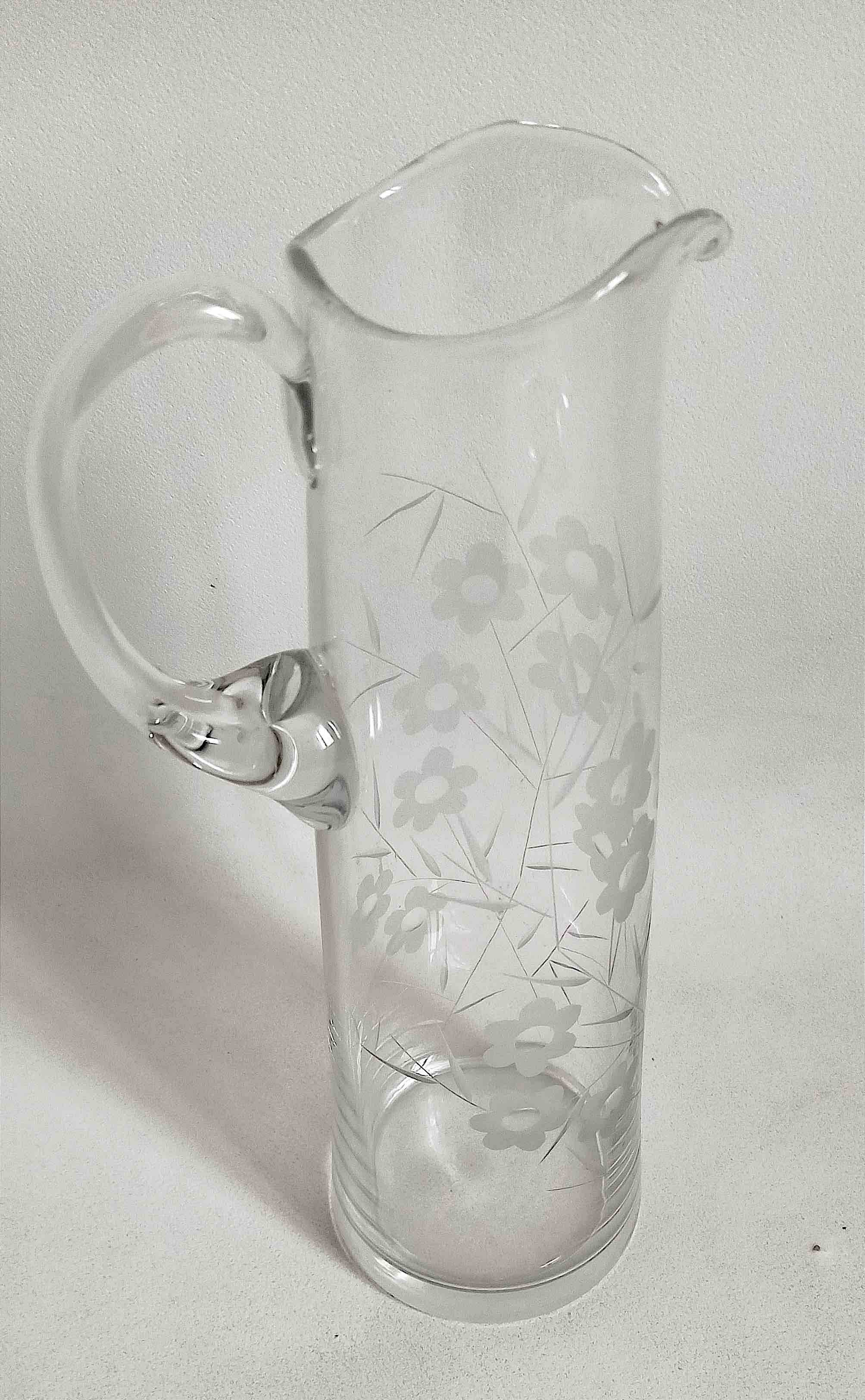 Chiseled crystal pitcher with floral decor 1950s Height 34 cm