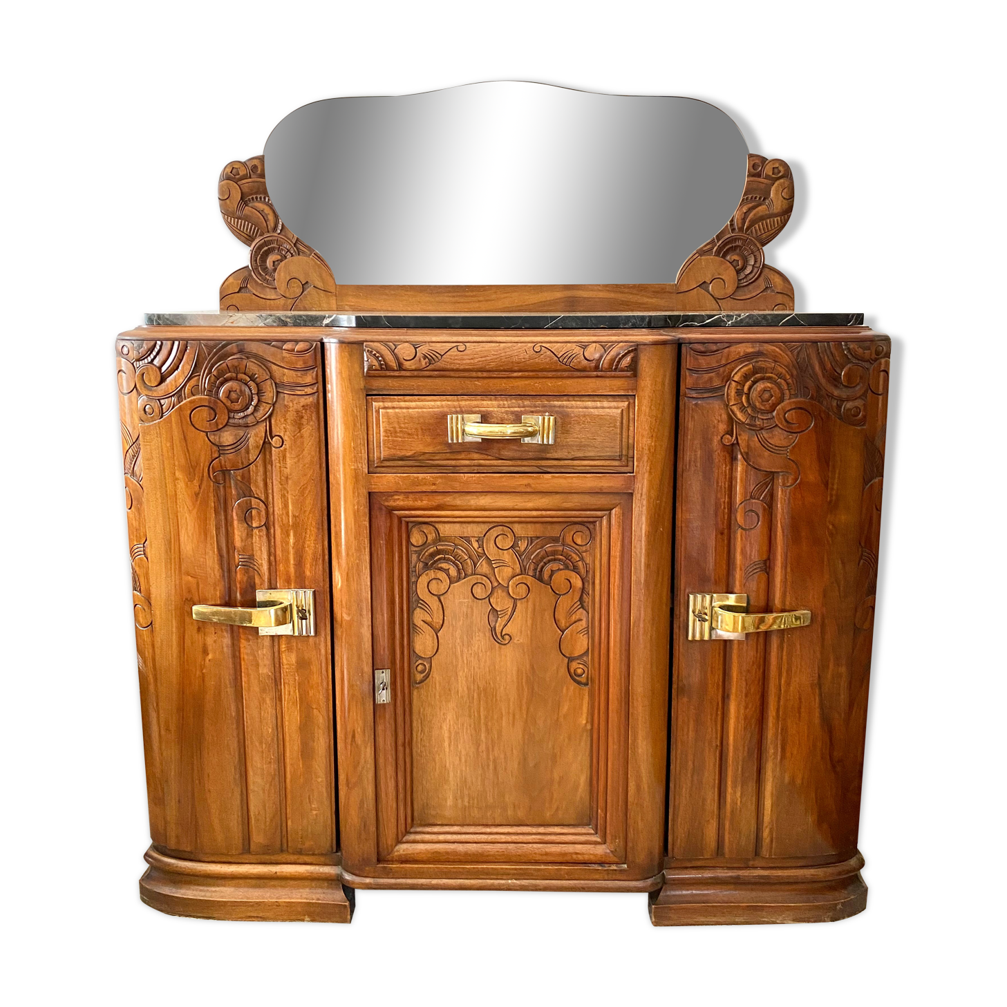 Art Deco black marble sideboard and vintage beveled mirror