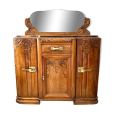 Art Deco black marble sideboard and vintage beveled mirror