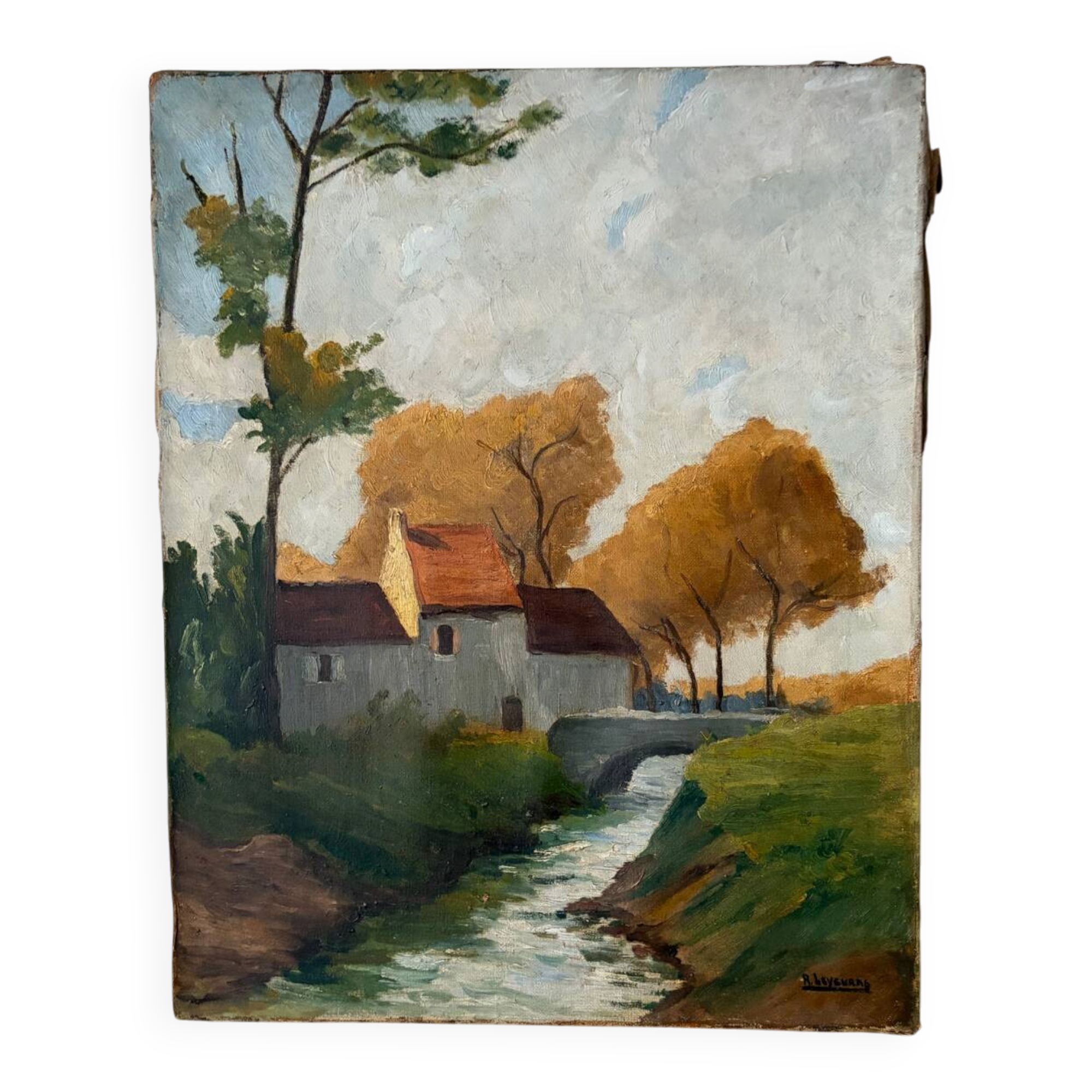 House by the river, oil on canvas signed