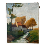 House by the river, oil on canvas signed