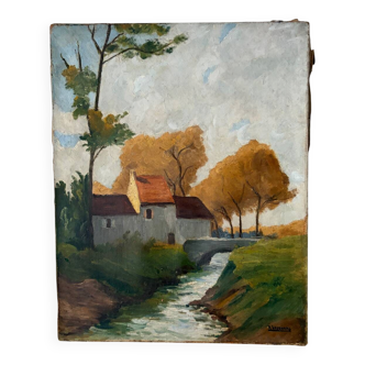 House by the river, oil on canvas signed
