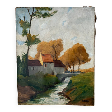 House by the river, oil on canvas signed