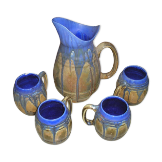 Service of 4 mugs and a flamed sandstone carafe signed G Méténier