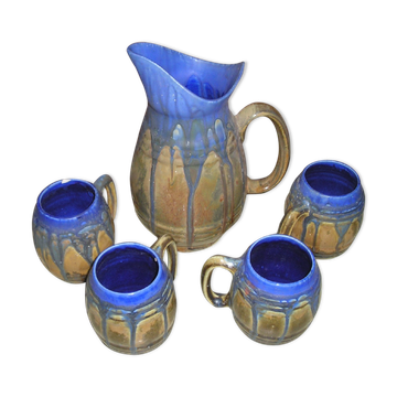 Service of 4 mugs and a carafe in flamed stoneware signed G Méténier