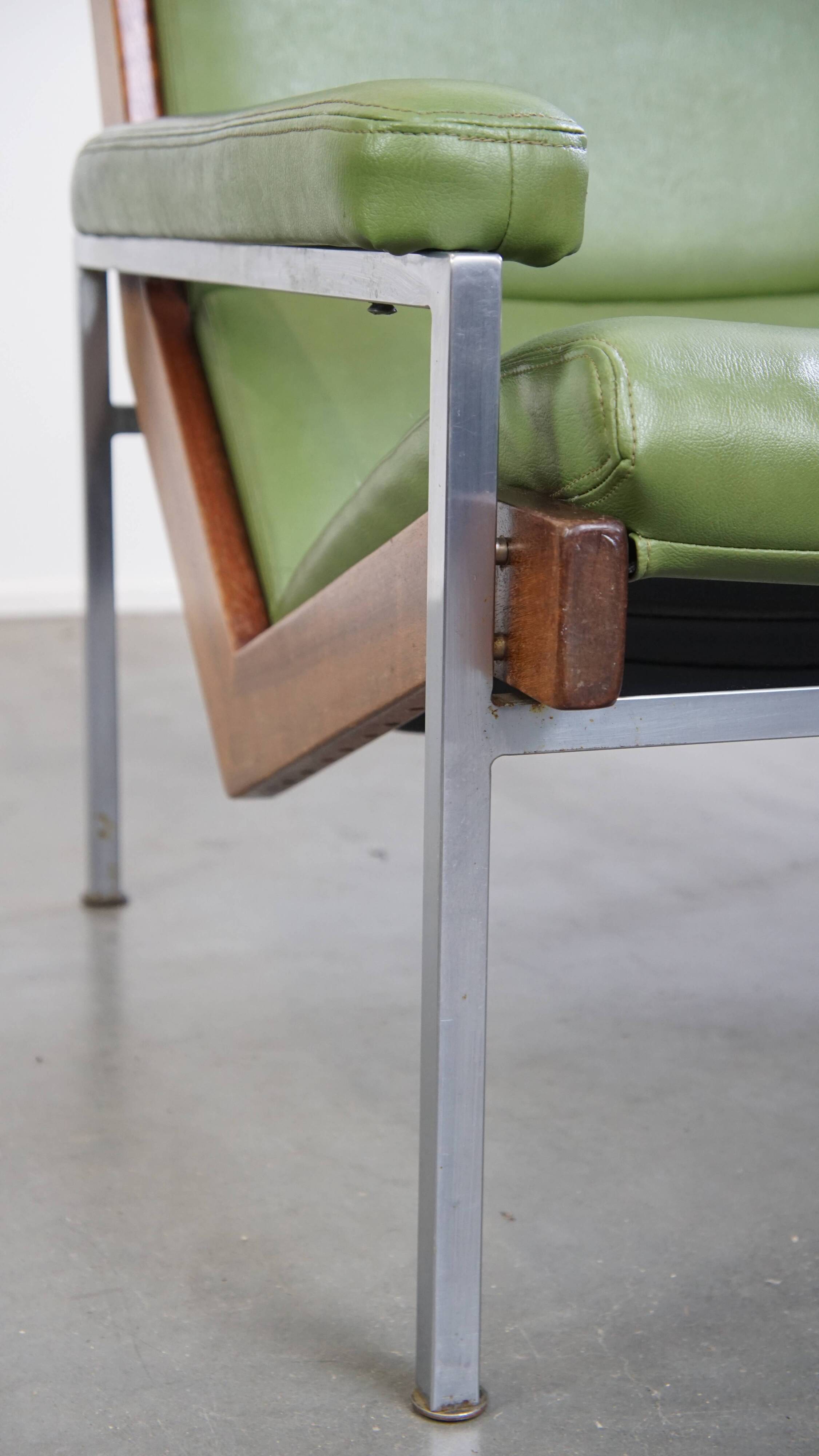 Green Cowhide Leather and Wooden Vintage Armchair