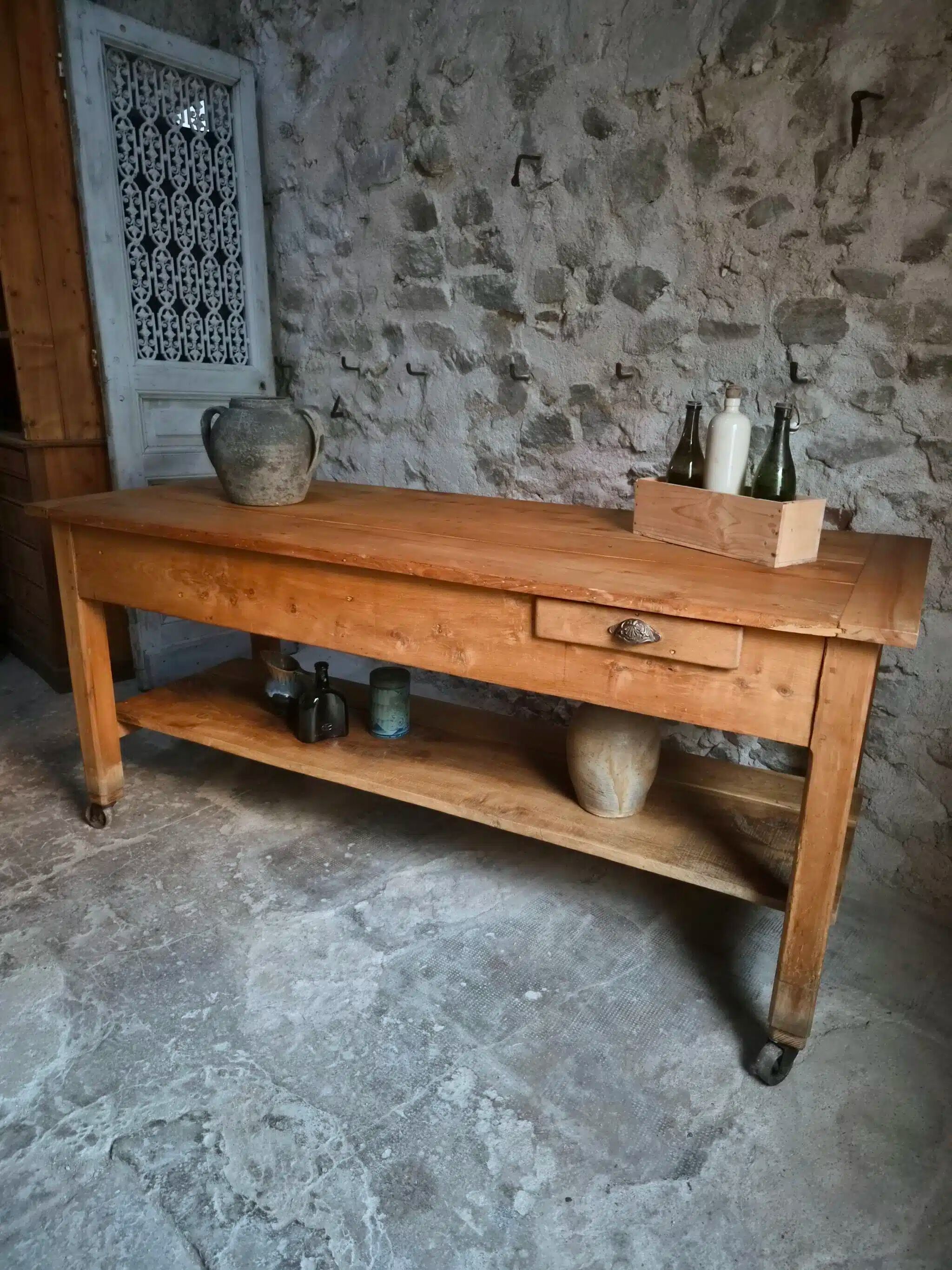 Îlot de cuisine ancien en bois de cerisier avec 3 tiroirs