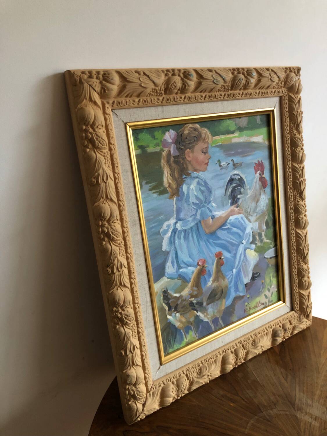 Oil on canvas young girl with chickens