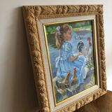 Oil on canvas young girl with chickens