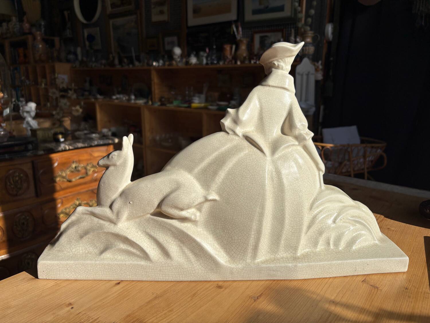 Large Art Deco sculpture attributed to Lejan – Lady and Gazelle – earthenware