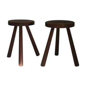 Paire de tabourets tripode brutaliste en bois, France, années 1960