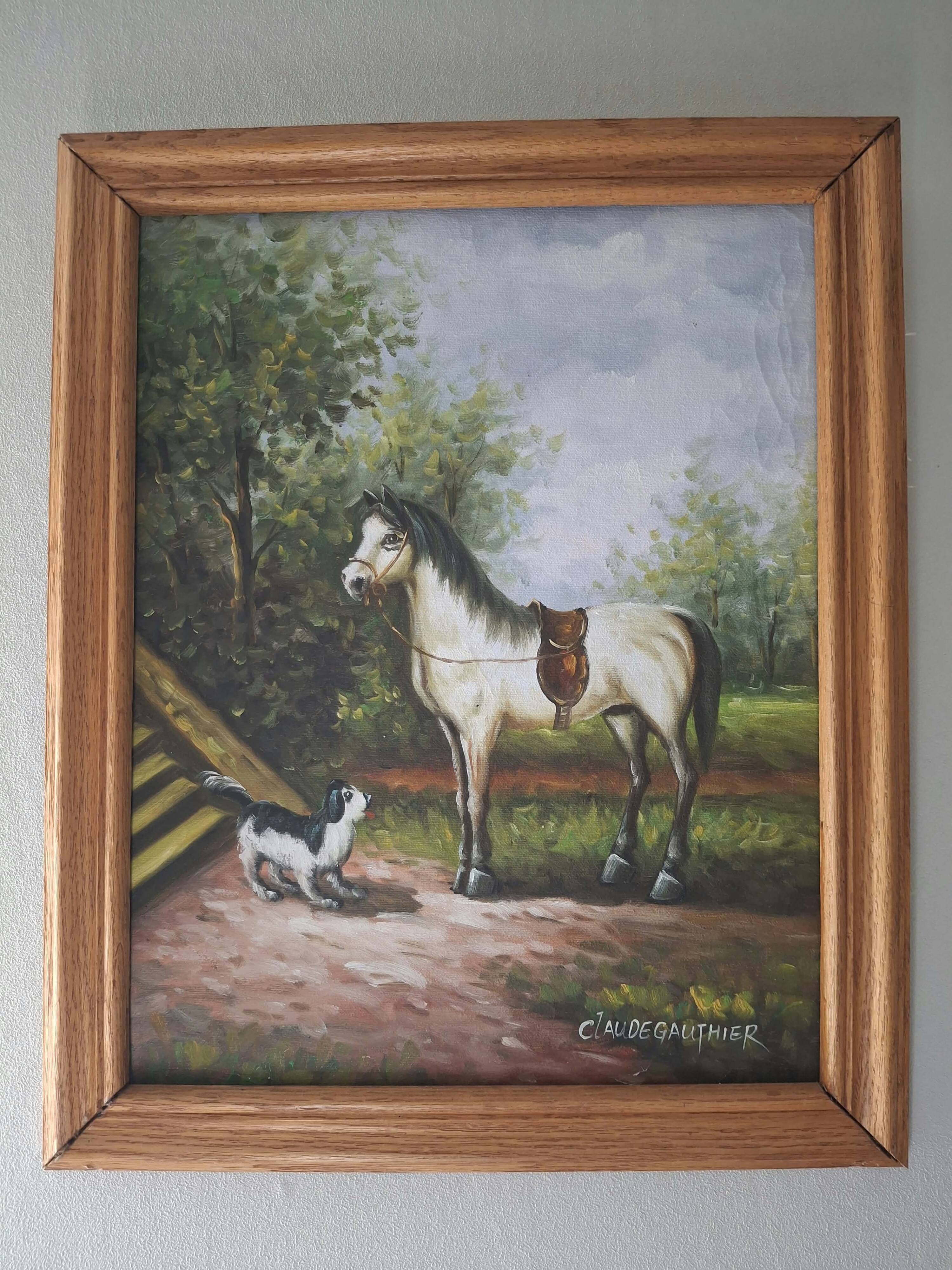 Table by claude gauthier: equestrian portrait with a horse in a park.