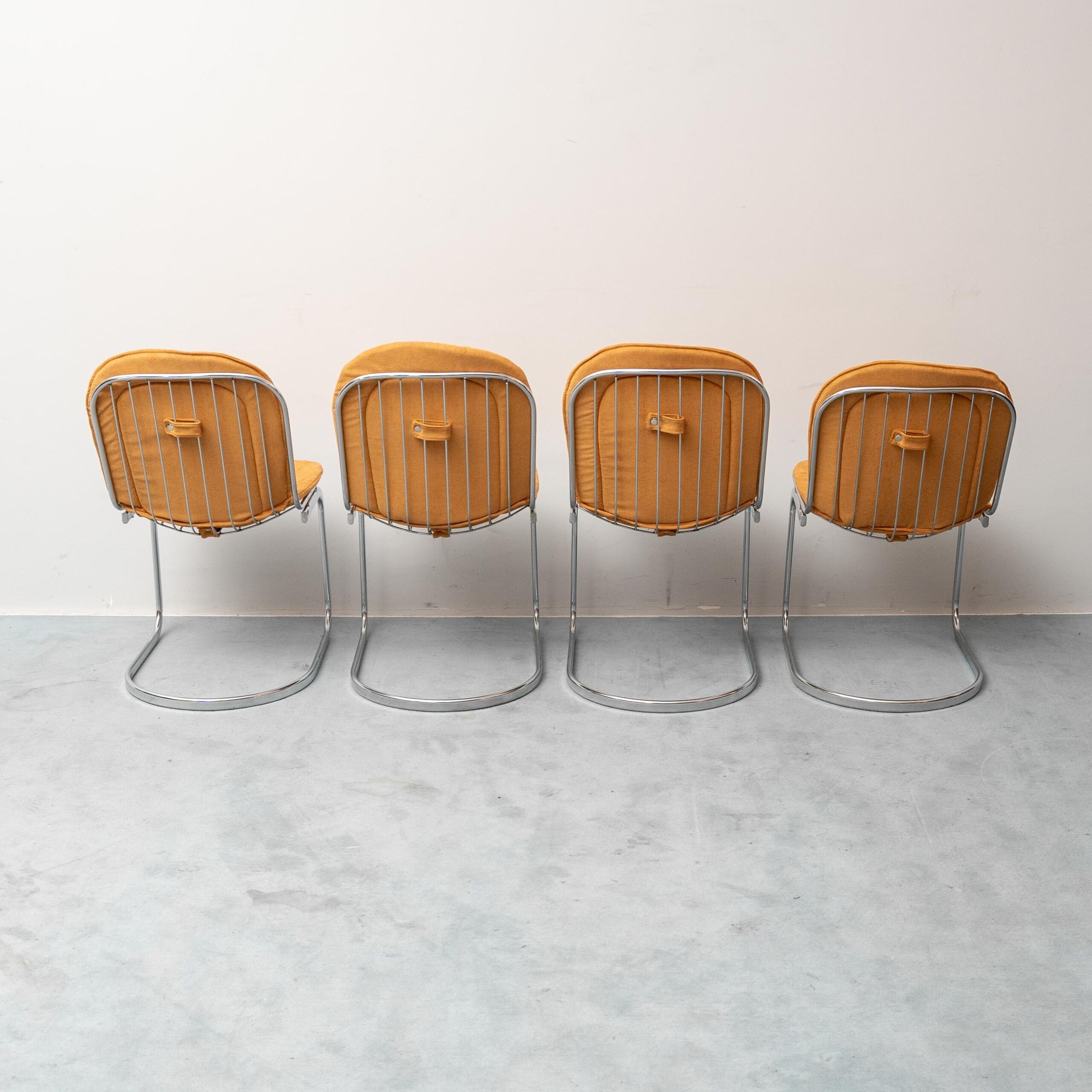 Set of 4 vintage Gastone Rinaldi chairs in chromed steel and yellow fabric, 1970s modernism