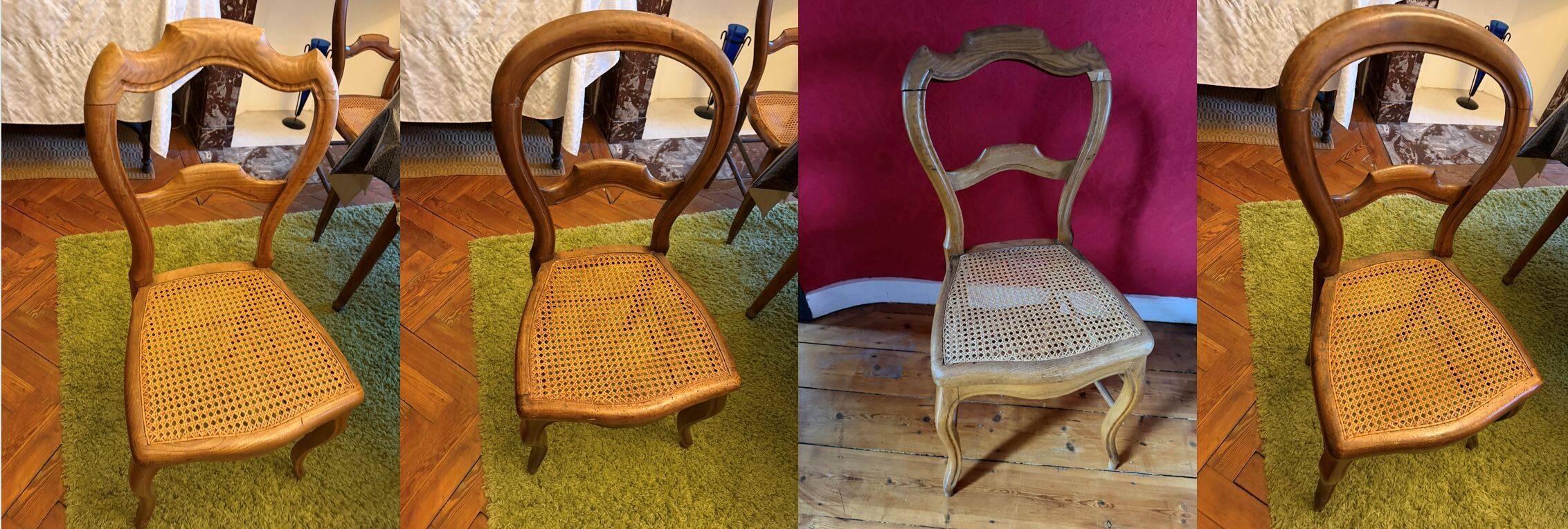 Light medallion chairs and carved fruit chairs.