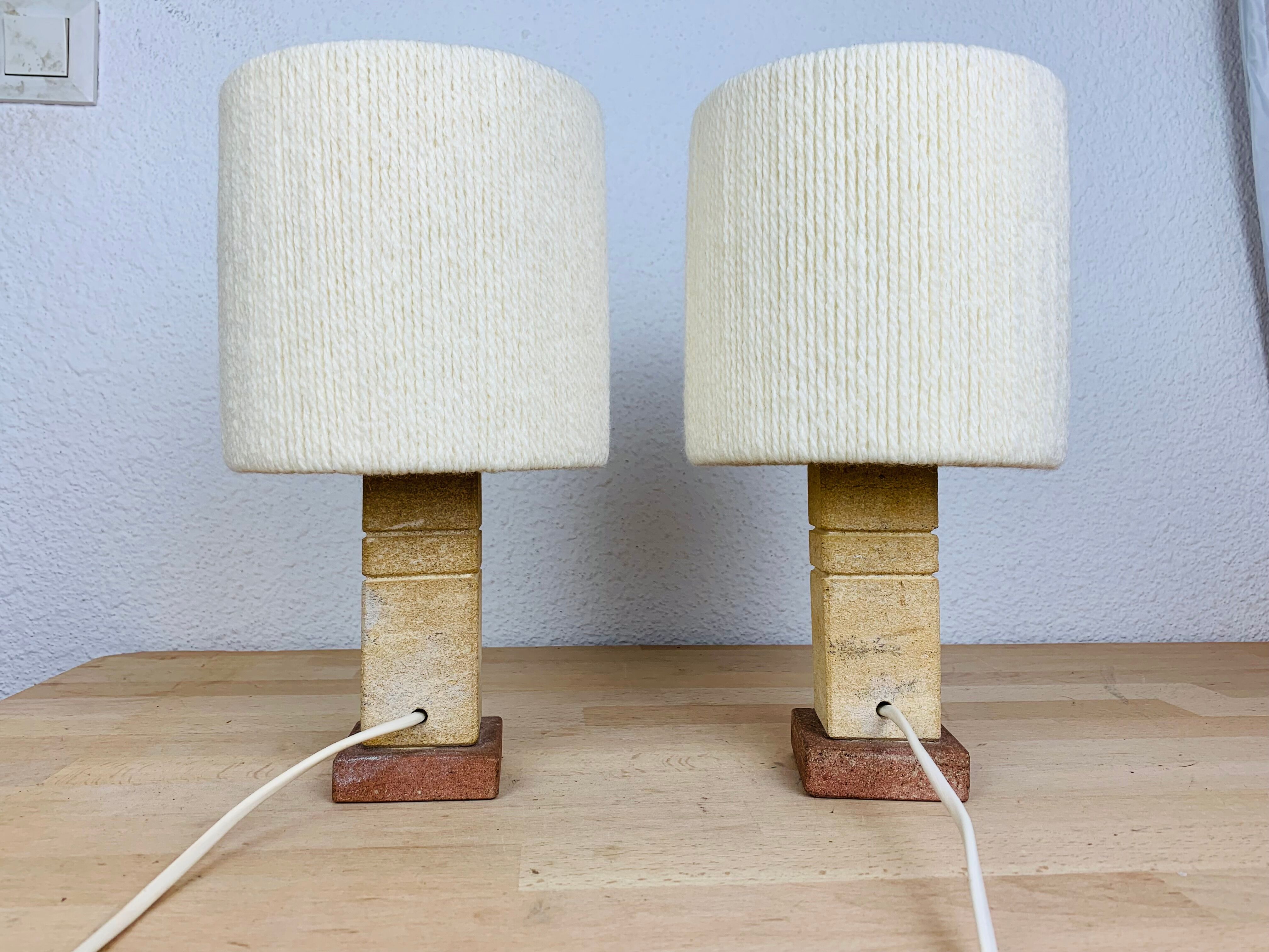 Pair of brutalist lamps pink sandstone and wool lampshade
